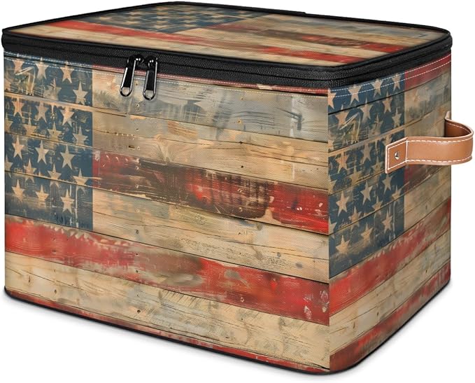American flag Storage Bins with Zipper Lid, Vintage Wooden Lidded Storage Baskets Boxes Foldable Organizer with Leather Handles for Clothes Closet Shelf