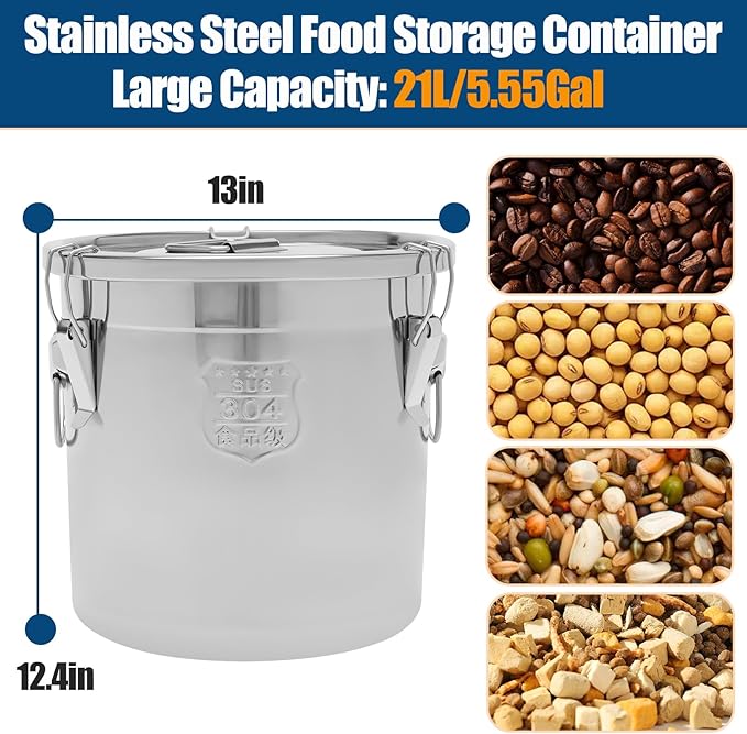 5.55Gal/21L Stainless Steel Airtight Canister, 304 Stainless Steel Food Storage Container, 710.4oz Large Metal Bucket with Lid and Lock Clips for Coffee Beans, Flour, Tea, Sugar, Cereals