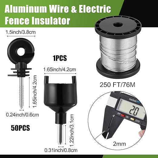 2-Mile 5000V 0.1Joule Electric Fence for Preventing Animals Intruding, 50 Black Fence Insulator and 1 Socket Tool, 250ft Aluminum Wire for Electric Fencing Grid System Accessories