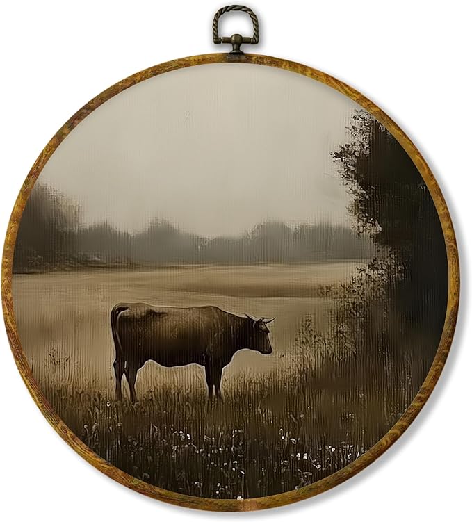 Hiuwevt Vintage Moody Cow Round Wall Art Decor, Dark Academia Cow Framed Canvas Prints, Rustic Cottagecore Farm Animal Round Wall Hanging Decor for Home Bedroom Living Room Decorations, 10x10 Inches