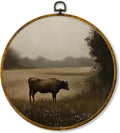 Hiuwevt Vintage Moody Cow Round Wall Art Decor, Dark Academia Cow Framed Canvas Prints, Rustic Cottagecore Farm Animal Round Wall Hanging Decor for Home Bedroom Living Room Decorations, 10x10 Inches