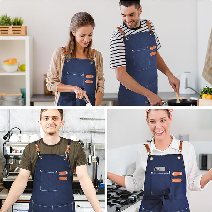 Chef Apron for Men Women Canvas Aprons with 3 Pockets Cross Back Resistant Work Apron for Cooking