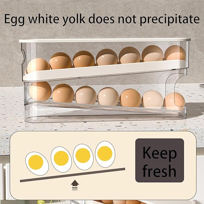 Auto Rolling Egg Holder for Fridge, Egg Dispenser/Organizer/Storage/Container with Lid for Refrigerator, Sturdy and Durable Space-Saving Egg Tray for 12 Large Eggs