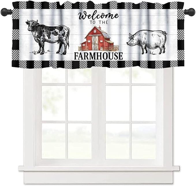 Farm Animals Valance Curtains Farmhouse Cow Pig Rustic Retro Wooden Board Black White Buffalo Check Art Print Rod Pocket Curtain Valance for Kitchen Bedroom Living Room Decor 1 Panel W54xL18 Inch