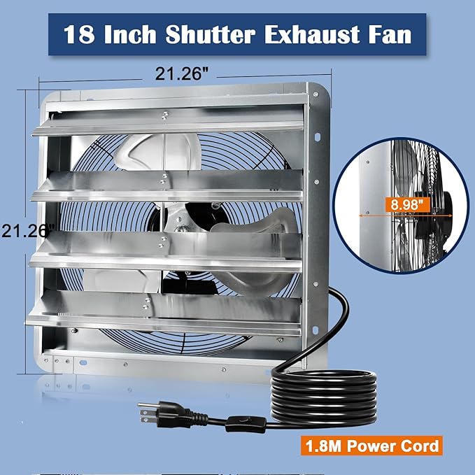 Hiorucet 18 Inch Shutter Exhaust Fan with 1.8m Power Cord, 2500CFM High Speed Low Noise Aluminum Louvered Exhaust Fan Wall Mounted for Greenhouse, Garage, Shop, Attics, Chicken Coop Ventilation Fan.