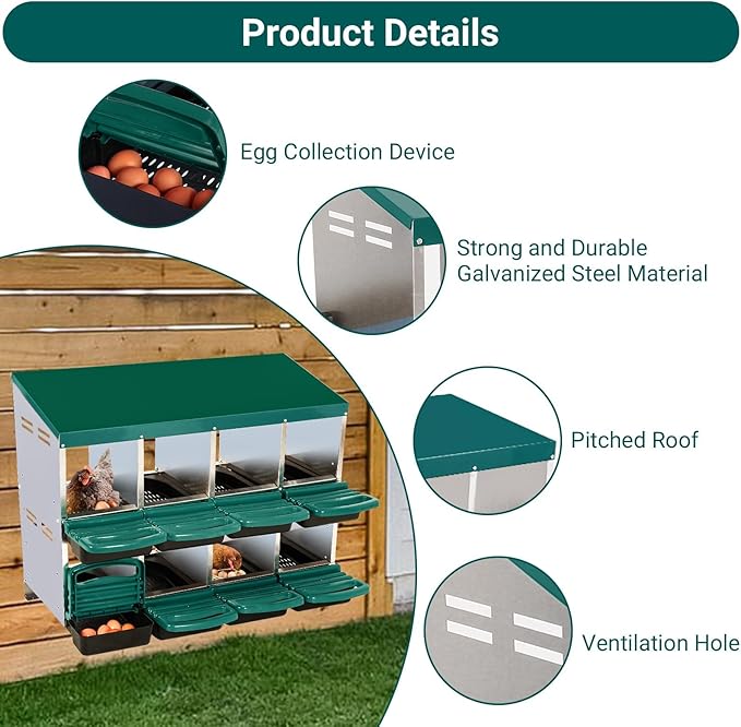 8 Compartment Metal Chicken Nesting Box, Automatic Roll-Out Egg Collection, Waterproof Galvanized Steel Laying Box, for Hens Ducks Rabbits, Green