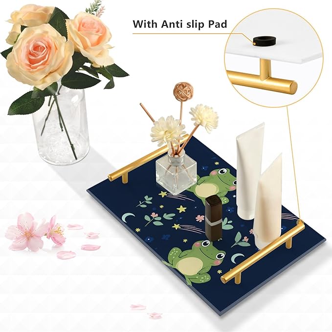 Bathroom Vanity Tray Counter Organizer, Cute Frogs Decorative Tray with Handles Countertop Storage for Bathroom Bedroom Kitchen Home Farmhouse