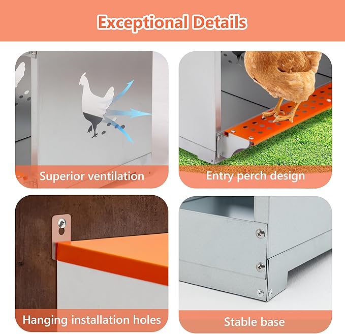 Chicken Nesting Boxes，Nesting Boxes for Chicken Coop 4 Compartment Chicken Laying Boxes with Soft Chicken Nesting Pads &Vented Holes,Nest Box Wall Mount for Hens, Ducks, Birds Orange
