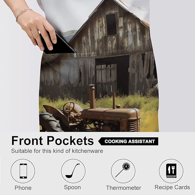 Old Wooden Barn with Rusted Tractor Cooking Aprons for Women Men Waterproof Bib Apron with Pockets Adjustable Kitchen Chef Apron