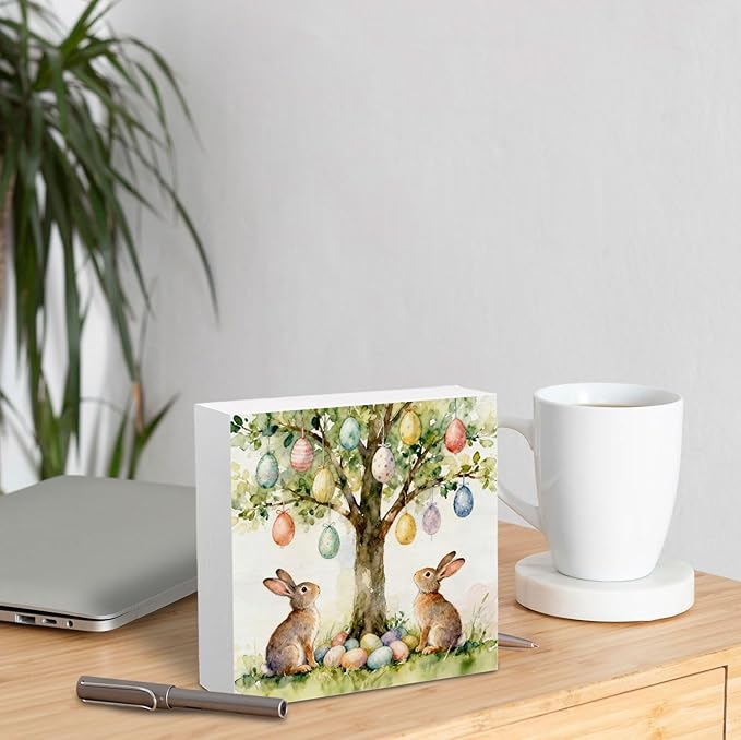Easter Bunny Egg Tree Wooden Box Sign Desk Decor, Rustic Easter Two Rabbits Colorful Eggs Wood Signs for Bedroom Home Office Desk Table Shelf Decorations, 5x5 Inch
