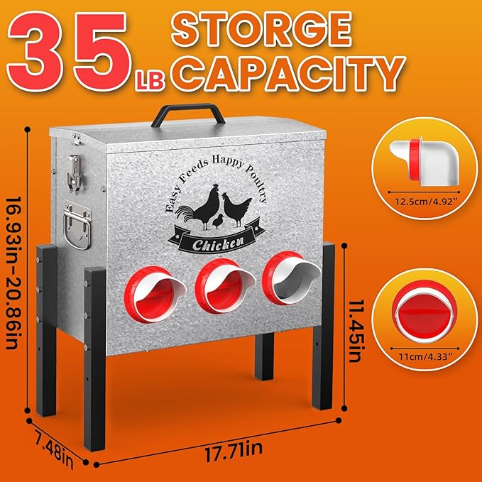7gal Large Automatic Chicken Feeder - 6 Port No Waste Poultry Feeder, Rust-Proof Alloy Steel with Locking Lid & Adjustable Legs for Chickens, Ducks, Geese, Poultry