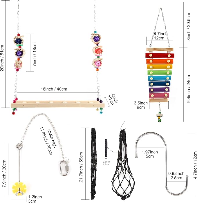 8PCS Chicken Toys for Coop Accessories, Chicken Swing, Xylophone, Mirror, Vegetable Hanging Feeder, Fruit Rack for Poultry Rooster Large Bird Parrot Lovers’ Entertainment Gift
