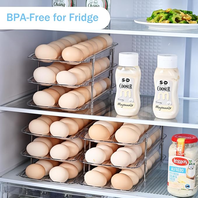 Egg Holder,4 Tier Clear Organizer with Auto-Roll Design, Adjustable Height Egg Storage Container Holds Up to 56 Eggs for Refrigerator,Kitchen Cabinet