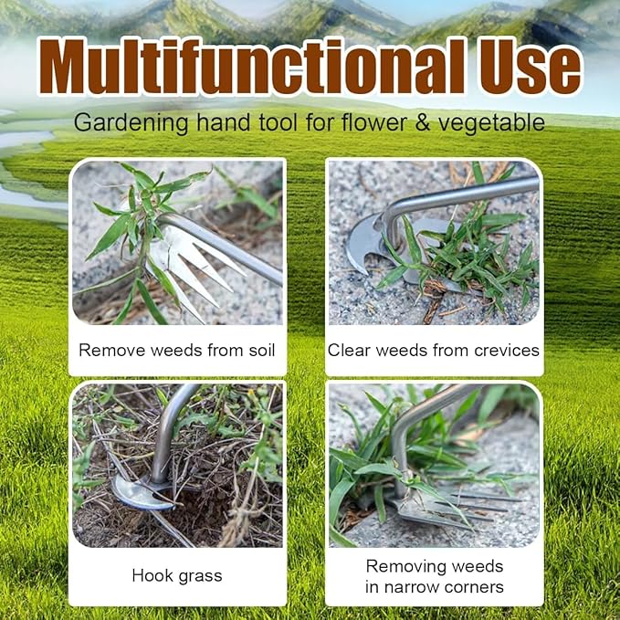 Manual Weed Puller Tool, 4-Claw Steel Head, Wooden Handle, Hand Garden Weeder