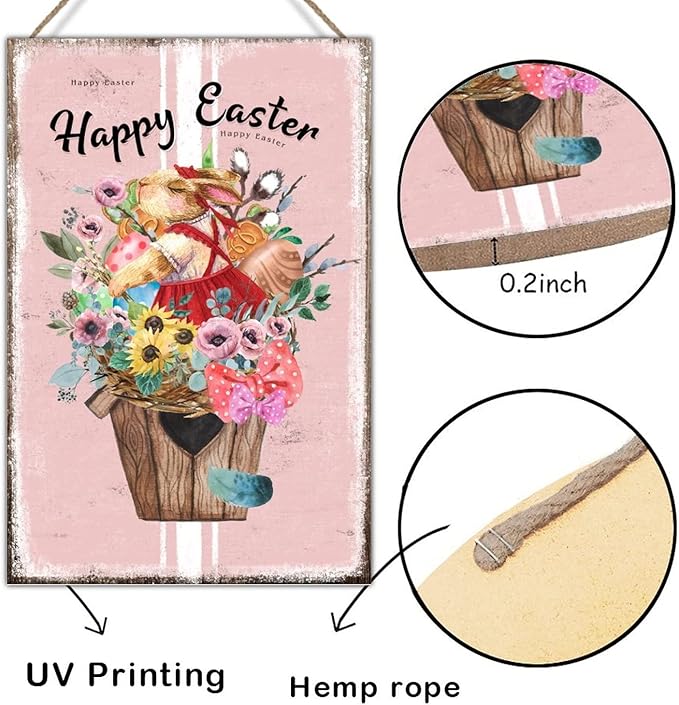 Happy Easter Flower Basket Bunny Wood Plaques French Style Floral Pink Stripes Wooden Sign Farmhouse Easter Decor Welcome Spring Hanging Sign Kitchen Laundry Room Wall Decor 12x18in