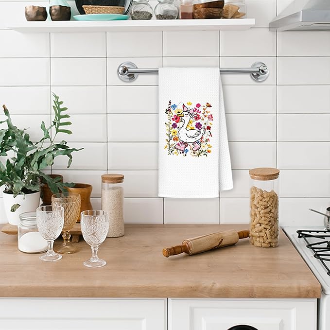 Floral Goose Kitchen Towels, Coquette Bow Silly Goose Hand Towels for Bathroom Kitchen, Funny Farm Animal Geese Decorative Dish Towels Drying Cloth, 16x24 Inch