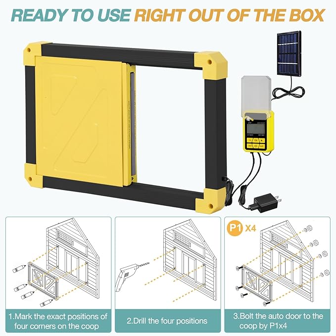 Automatic Chicken Coop Door, Solar Powered Automatic Chicken Door with Timer Mode, Battery Powered LCD Screen, Anti-Pinch Design, Waterproof, Easy Installation (Black)