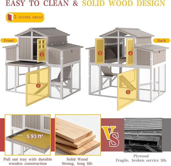 Large Chicken Coop Outdoor with Run, Expandable Hen House with 4 Nesting Boxes, Rabbit Hutch Poultry Bunny Cage for 2-4 Chickens with 4 Perches, Removable Tray and Ramp (56.3" L x 35.24" W x 52.8" H)