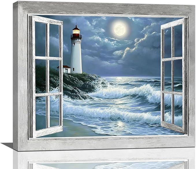 Lighthouse Nautical Wall Art Coastal Beach Pictures Wall Decor Ocean Canvas Prints Window Decorations Painting Framed Artwork Office Home Decor For Bathroom Bedroom Dining Living Room 24"x20"