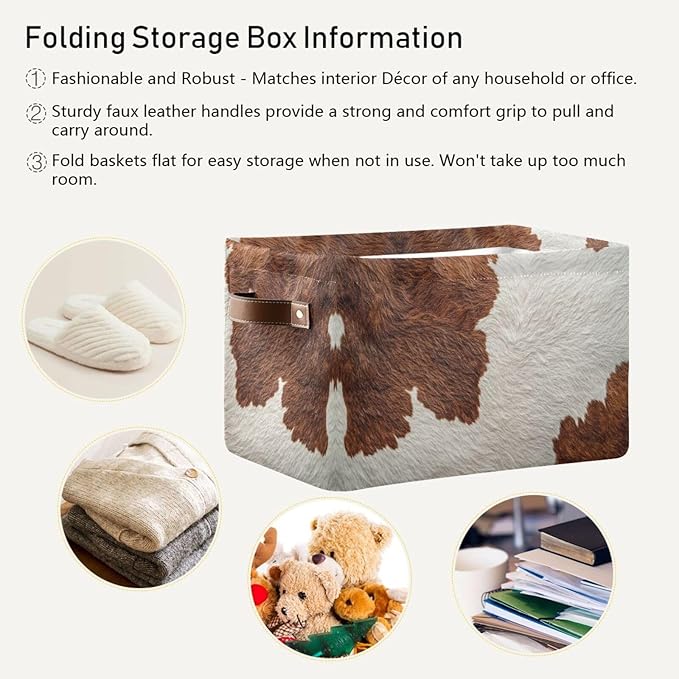 JIPONI Cow Patterning Fabric Storage Bins for Shelves, Decorative Storage baskets for organizing, Closet Organizer with Handle for Cloth, Toys, Bedrooms