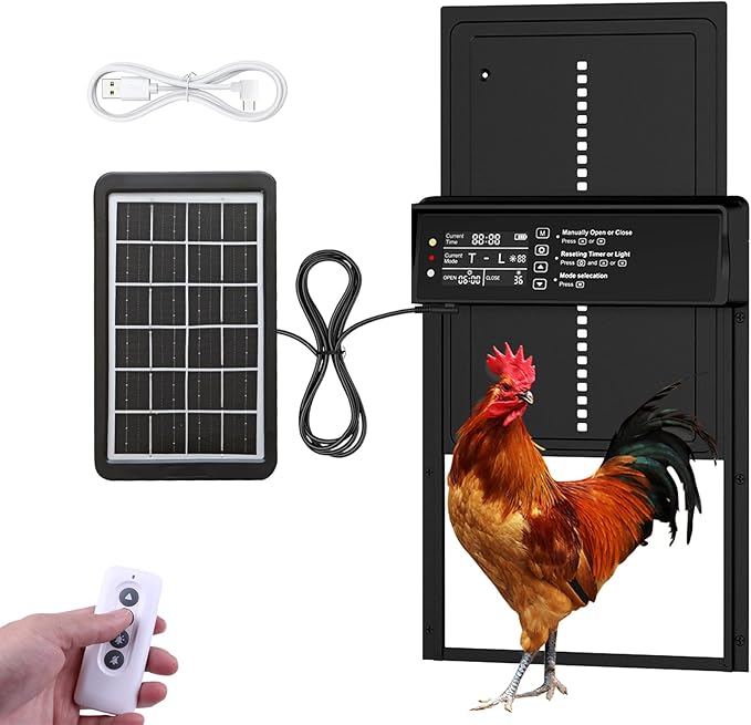 Automatic Chicken Coop Door Solar Powered with Timer & Light Sensor 4 Modes Aluminum Waterproof Chicken Door, Remote Control, LCD Display, Dual Protection of Anti-Pinch Design and Abnormal Alarm