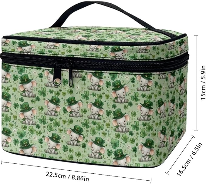 Travel Makeup Bags for Women Portable Tote Cosmetic Case with Carry Handle Toiletry Accessories Storage Organizer Bags for St. Ptrick's Day, Cute Elephant Shamrock
