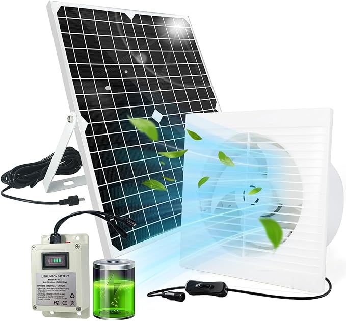 Solar Fan for Chicken Coop with Battery 25W Solar Panel Powered Exhaust Fans with 14.8ft On/Off Switch Cable for Greenhouse, Sheds, Pet Houses, Ventilation, Outside, Greenhouse Air Circulation Garages