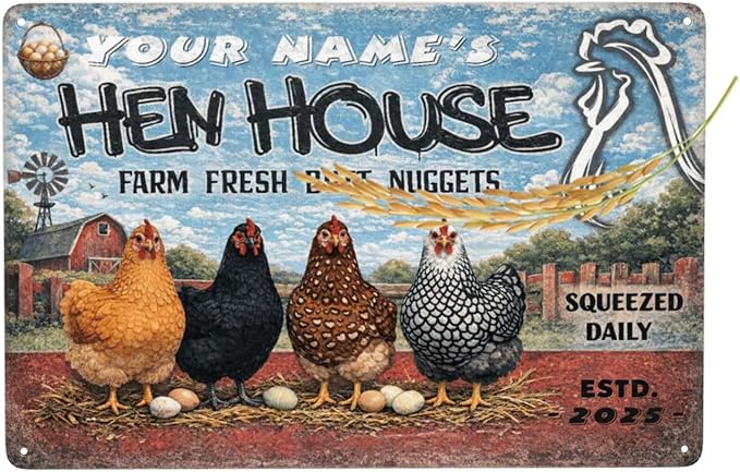 Personalized Hen House Sign with Your Name & Date, Funny Farm Fresh B-u-t-t Nuggets Saying, Custom Rustic Metal Plaque for Chicken Coop & Farmhouse Decor, Vintage Barn Wall Art