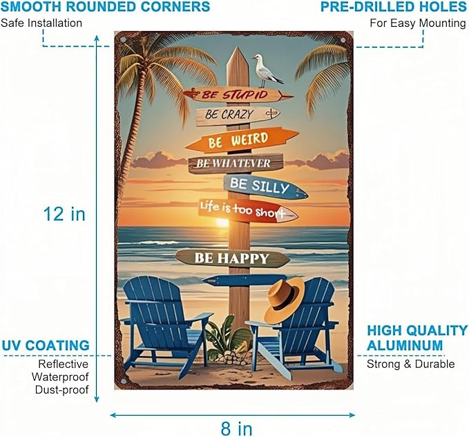 Tropical Beach Metal Sign – 8x12 Inch Retro Wall Decor with Surfboards and Palm Trees – Vintage Tin Sign for Patio, Porch, Bar, or Coastal Bathroom