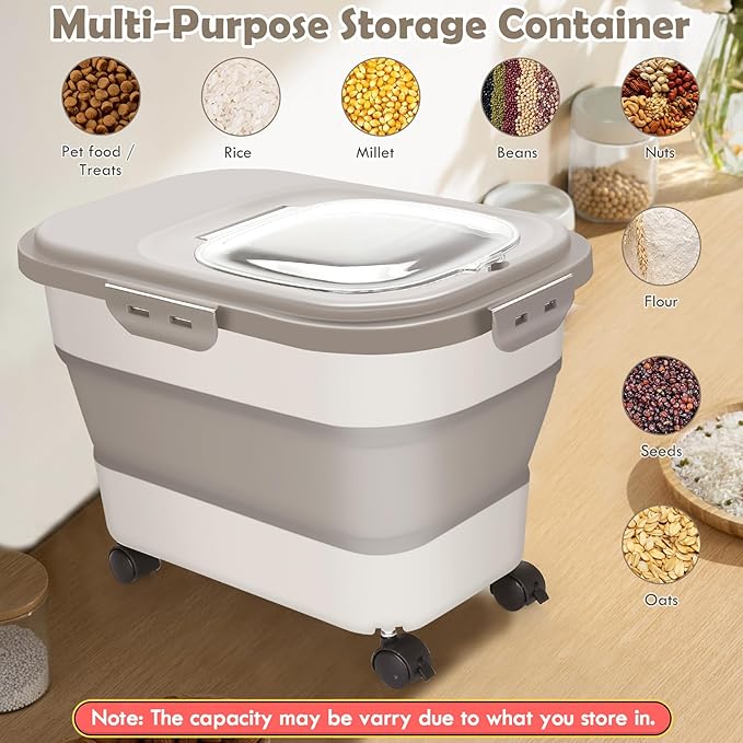 Dog Food Storage Container, 20Lbs Rice Storage Container Dispenser, Airtight Large Pet Cat Food Bin with Wheels, Scoop & Measuring Cup, Collapsible Kitchen Dry Food Holder for Four Sugar Cereal Kibble
