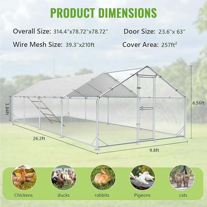 Large Walk-in Metal Chicken Coop, 10×26 FT Chicken Run with UV Cover, Split Feeding Door & Roosting Perch, for 30–40 Chickens