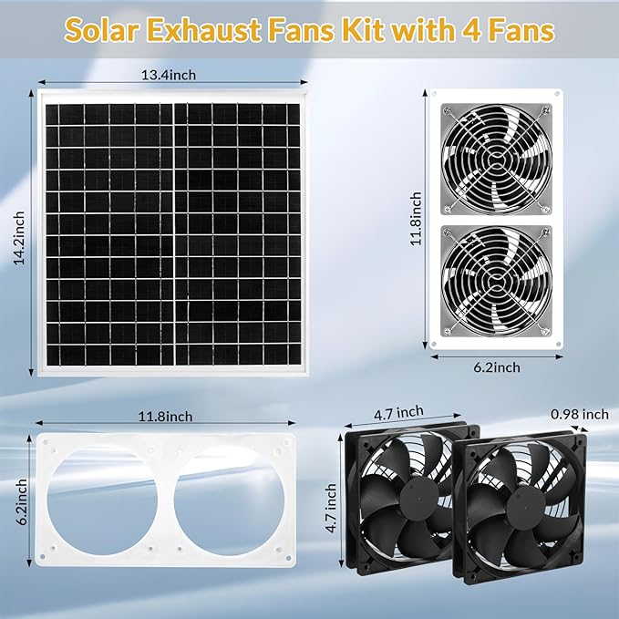 Solar Exhaust Fans Kit with 4 Fans 20w Waterproof Solar Panel + High Speed Dual Exhaust Fan Solar Panel Powered Fan with On/Off Switch for Chicken Coop, Shed Cooling Ventilation Project