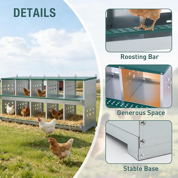 10 Compartment Metal Chicken Nesting Box, Roll Out Hen Laying Box for Easy Egg Collection, Wall Mount Poultry Nest Box for Backyard Chickens, Green, 53" L x 16" W x 26.30" H