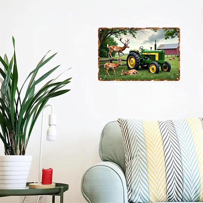 Deer And Tractor Vintage Farm And Wildlife Metal Sign Print Aesthetic for Garden Yard Bar Porch Home Bedroom Kitchen Wall Decor Gift 8 X 12 in