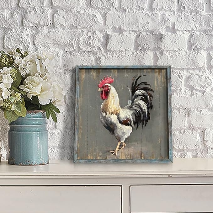 Rooster Wooden Wall Art Decor: Farm Cock Picture Country Animal Framed Artwork Rustic Farmhouse Chicken Painting for the Kitchen Bedroom 12"x12"