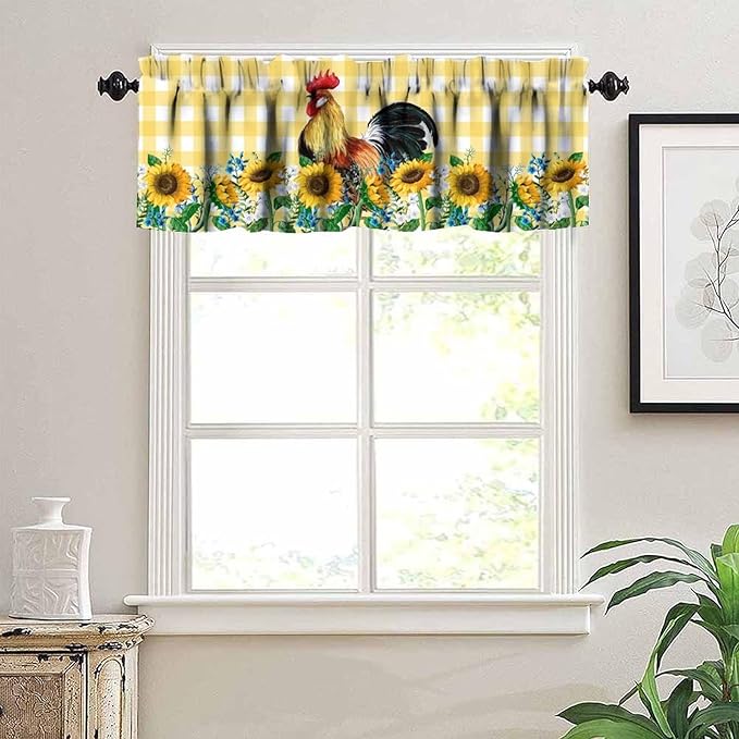 Rooster Kitchen Curtains Yellow White Buffalo Plaid Sunflowers Vintage Rustic Farm Chicken Rod Pocket Curtain Valance for Kitchen Bedroom Living Room Decor 1 Panel W54xL18 Inch