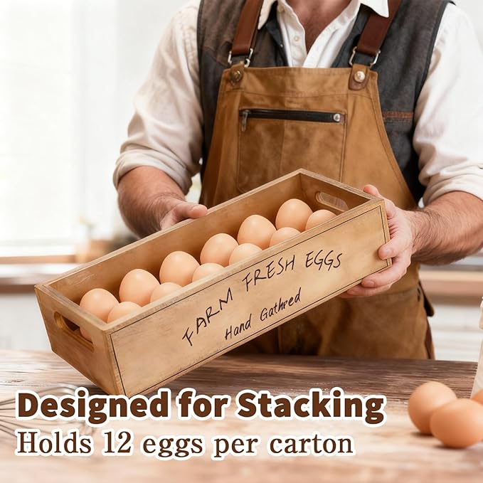 3 Pcs Farm Wooden Eggs Crate with Handle Natural Color Stackable Wooden Crates Rustic Storage Box for 36 Fresh Eggs Farm and Kitchen
