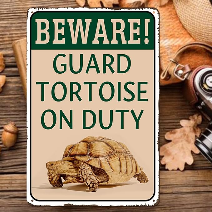 Tortoise Habitat Accessories Turtle Enclosure Decor - Outdoor Habitat Setup for Sulcata Tortoise, Beware Guard Tortoise On Duty Metal Tin Sign Gifts for Tortoise Lovers 8x12 Inch