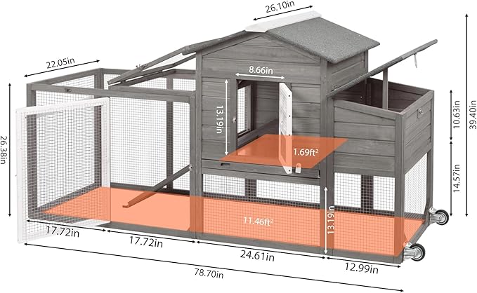 PetsCosset 158in Chicken Coop Wooden Indoor Outdoor for 1-6 Chickens Extension Chicken Houses with Removable Tray Nesting Box and Run（Set of Two）, Grey