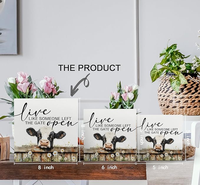 Cow Signs - Farm Cottagecore Animal Office Kitchen Bedroom Decor,Rustic Farmhouse Live like Someone Left the Gate Open Home Decor Wooden Signs,Cow Gifts for Women,8x8