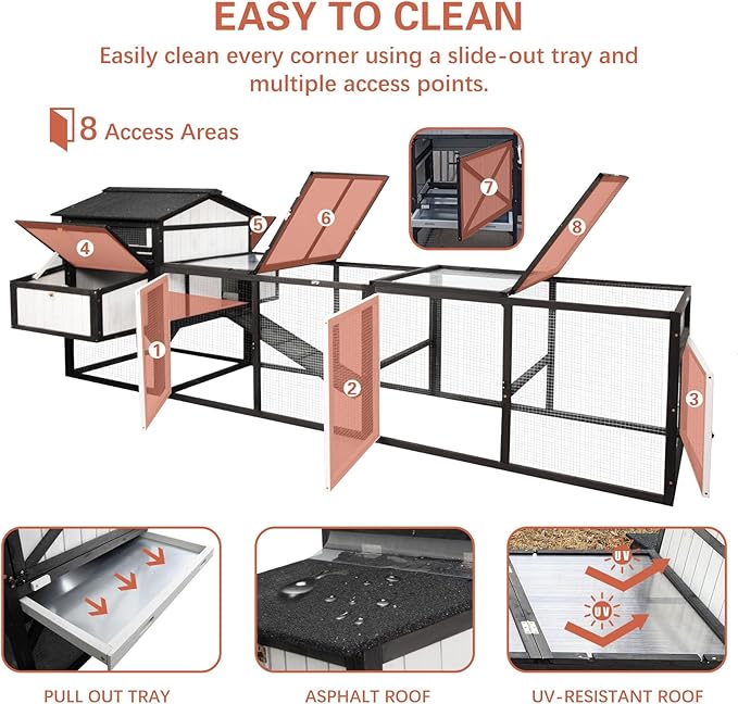 PetsCosset Extra Large Chicken Coop 116" L Wooden Poultry Cage with Run Hen House Outdoor Indoor Chicken Houses for 4-6 Chickens 4 Nesting Boxes, 4 Perches, Tray, Combinable, Gift for Chicken Lovers
