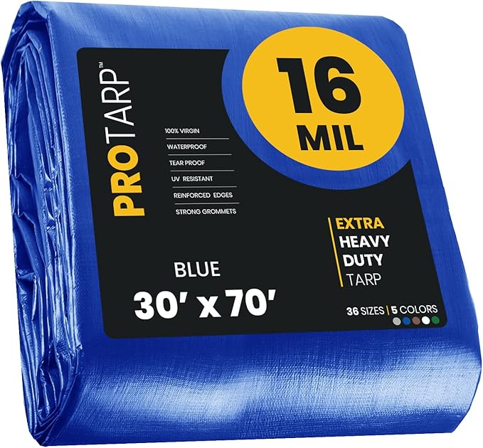 PROTARP Extra Heavy Duty 16 Mil Tarp Cover, Waterproof, UV Resistant, Rip and Tear Proof, Poly Tarpaulin with Reinforced Edges for Roof, Camping, Patio, Pool, Boat. (Blue 30′ X 70′)