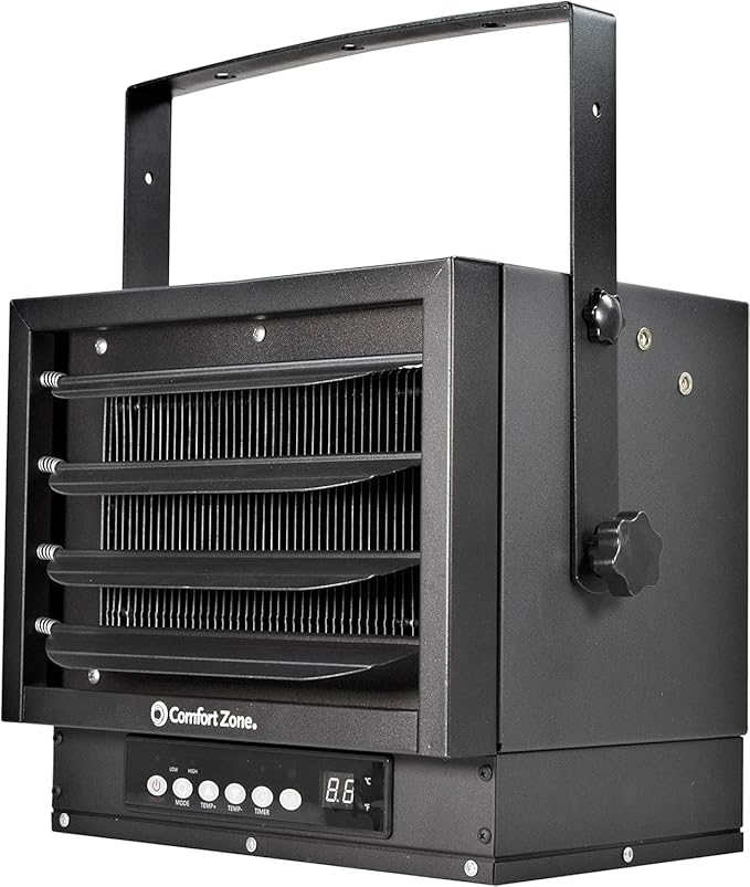 Comfort Zone Hard-Wired Ceiling Mount Garage Space Heater with Remote, 7,500 Watt, 240 Volt, Fan-Forced, Overheat Protection, Digital Thermostat, 12-Hour Timer, Ideal for Garage & Workshop, CZ230ERBK