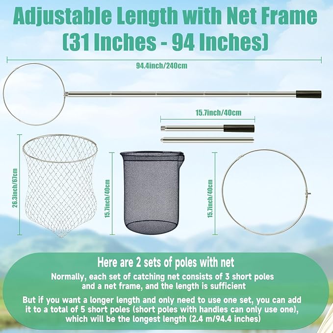 2 Sets Chicken Catching Net Extra Thick 2 Poles 5.25 FT Poultry Fishing Net Extendable Landing Animal Catcher for Bird, Chicken, Goose, Ducks, Fish, Cat(2 Nets, 2 Poles with 3 Sections Each,46 Inches)