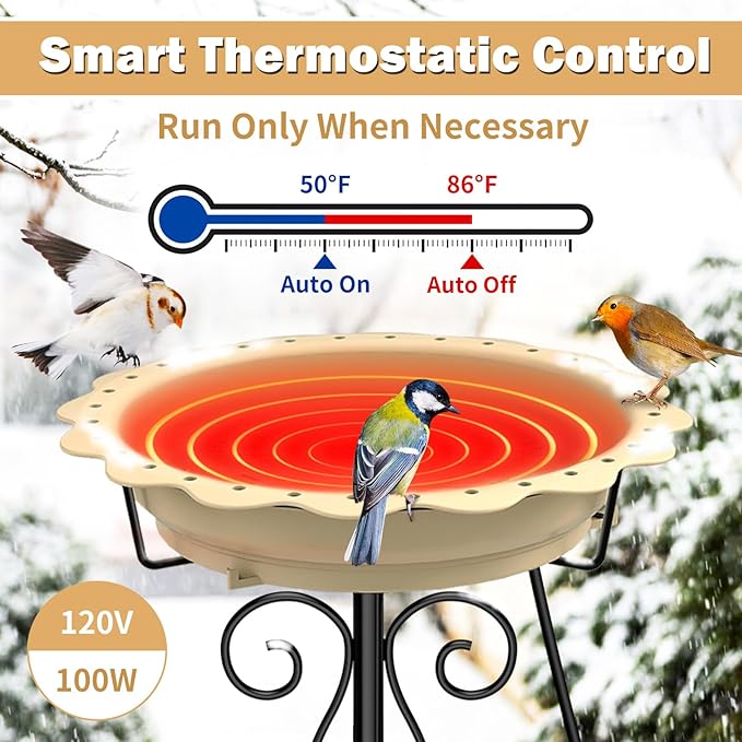 Heated Bird Bath for Outside Winter, Powerful 100W Thermostat Control Heated Bird Baths for Outdoors with 5-Prong Metal Stake, Heated Birdbath Water Heater for Garden Yard Patio Lawn (Khaki)