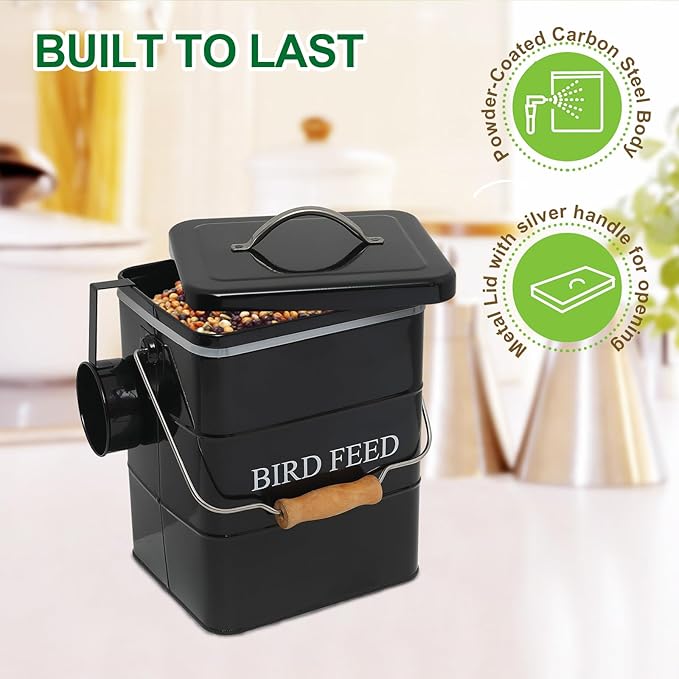 Bird Seed Storage Container Airtight,5~6LB Metal Bird Food Container with Scoop,Wild Birds Feed Tin for Storing Sunflower Seed-Ideal for Outdoor or Indoor-Squirrel proof -Black