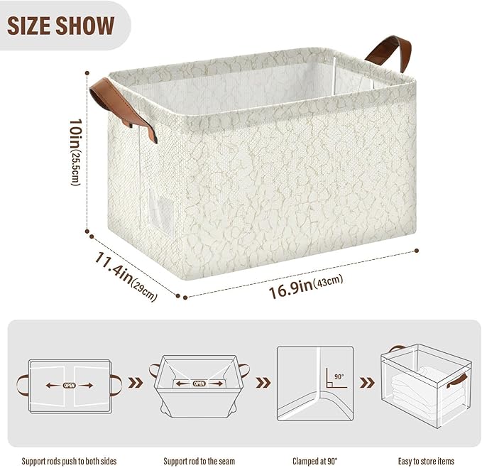 Parchment Grain Pattern Foldable Storage Basket with Handle, Storage Bins with Metal Frame, Fabric Shelf Baskets, Closet Organizers for Clothes, Books, 16.9 x 11.4 x 10 Inch,2-Pack