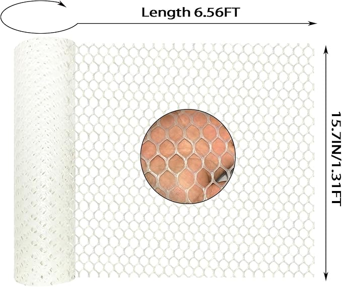 White Plastic Wire Mesh Fence Plastic Chicken Wire Fence Mesh 15.7IN x6.56FT Best for Poultry, Cat,Dogs, Rabbit, Snake & Gardening Plastic Chicken Wire Mesh,with 50 Pcs Fixed Straps