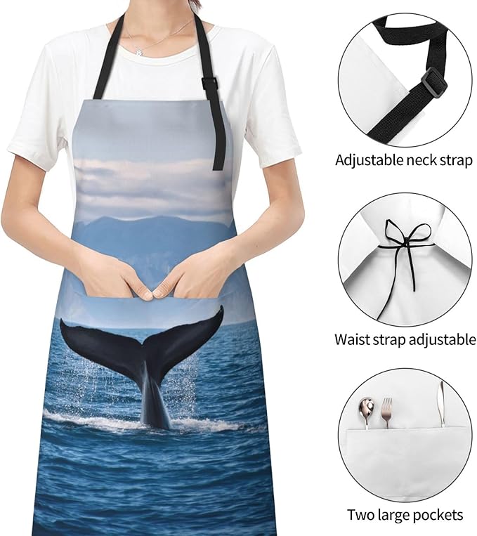 Kitchen Aprons for Men Women Waterproof Apron with 2 Pockets Whale Tail Apron Adjustable Bib Aprons