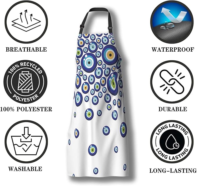 Housekeeping Apron for Women Blue Evil Eye Funny Aprons for Men for Kitchen Cooking Restaurant BBQ Painting Crafting Gardening 27” (W) x 31” (H), Waterproof Aprons